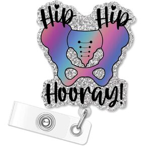 ERHACHAIJIA Hip Hip Hooray Retractable Silver Glitter Badge Reel with Clip, Funny Hip ID Card Badge Holder Gift for Nurses Doctors Xray Tech Physical Therapist PT Chiropractor Orthopedist