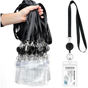 Woanger 50 Sets Black Lanyards with Retractable Reel Solid Color Black Lanyards Bulk Retractable Lanyard Badge Holders with Lanyards Vertical PVC Name Badge Holders