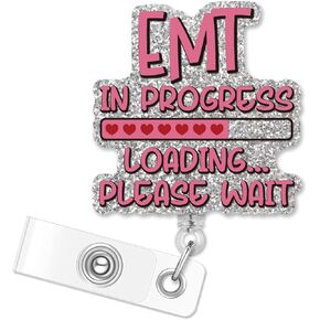 ERHACHAIJIA EMT in Progress Loading Retractable Silver Glitter Badge Reel with Clip, Funny Loading ID Card Badge Holder Gift for Nurses Doctors EMT Student Graduate Paramedic First Responder