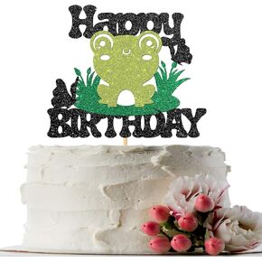 INNORU Frog Happy Birthday Cake Topper - Cute Frog Party Decor - Kids Birthday Rainforest Party Decoration Supplies, Black Glitter