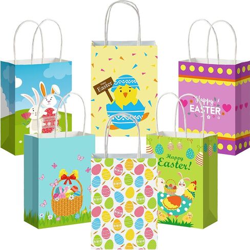 Spakon 12 Pieces Easter Gift Paper Bags Easter Party Favor Bags with Handles Easter Treat Bags Kids with Happy Easter for Easter Party Supplies Candy Cookie Goodies Gift Wrapping in Kuwait