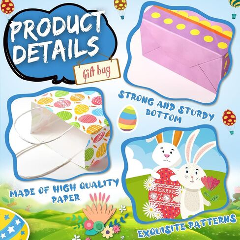 Spakon 12 Pieces Easter Gift Paper Bags Easter Party Favor Bags with Handles Easter Treat Bags Kids with Happy Easter for Easter Party Supplies Candy Cookie Goodies Gift Wrapping in Kuwait