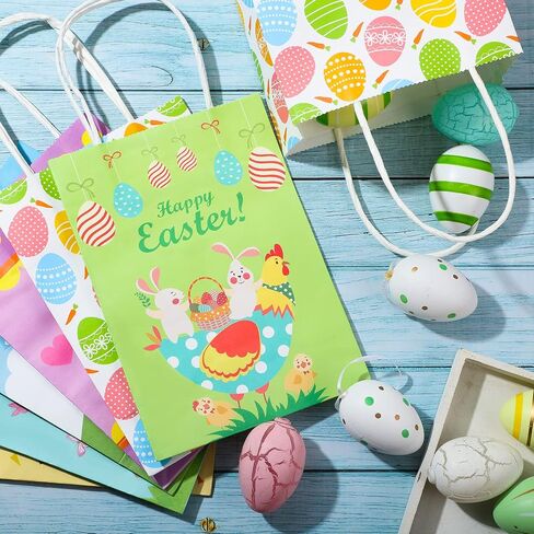 Spakon 12 Pieces Easter Gift Paper Bags Easter Party Favor Bags with Handles Easter Treat Bags Kids with Happy Easter for Easter Party Supplies Candy Cookie Goodies Gift Wrapping in Kuwait