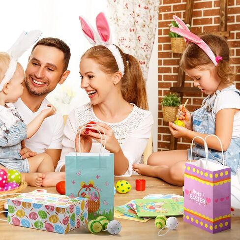 Spakon 12 Pieces Easter Gift Paper Bags Easter Party Favor Bags with Handles Easter Treat Bags Kids with Happy Easter for Easter Party Supplies Candy Cookie Goodies Gift Wrapping in Kuwait