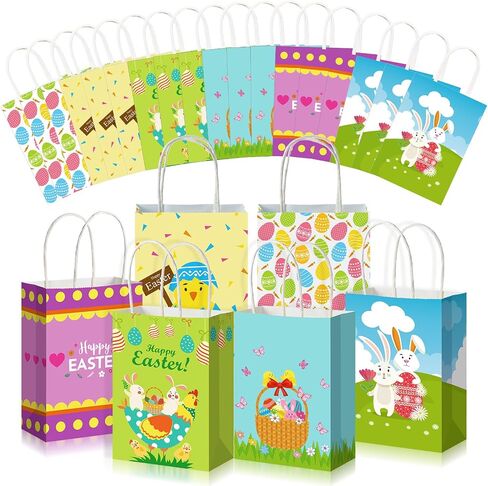 Spakon 12 Pieces Easter Gift Paper Bags Easter Party Favor Bags with Handles Easter Treat Bags Kids with Happy Easter for Easter Party Supplies Candy Cookie Goodies Gift Wrapping in Kuwait