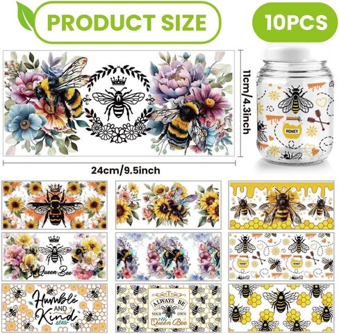 ARRICraft 10 Sheets UV DTF CUP WRAP ، 10 أنماط فرك عباد الشمس عسل النحل على نقل الورق PVC مقاوم للماء على شارات DIY 16 أوقية أكواب الأثاث الخشب 9.5x4.3 بوصة (24 × 11 سم) in Kuwait