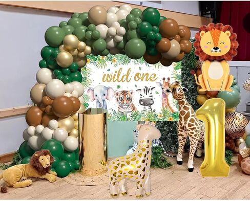 زخارف عيد ميلاد برية واحدة للأولاد قوس البالون Safari مع خلفية لافتة واحدة ، مفرش المائدة ، والبالونات الذهب 1 وبالونات حيوانات للحيوانات للغابة استحمام الطفل صبي أول عيد ميلاد in Kuwait