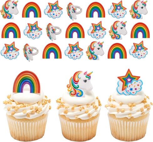 DecoPac Rainbow Unicorn Rings, Cupcake Decorations, Magical Food Safe Cake Toppers, Multi-Coloured – 24 Pack in Saudi Arabia