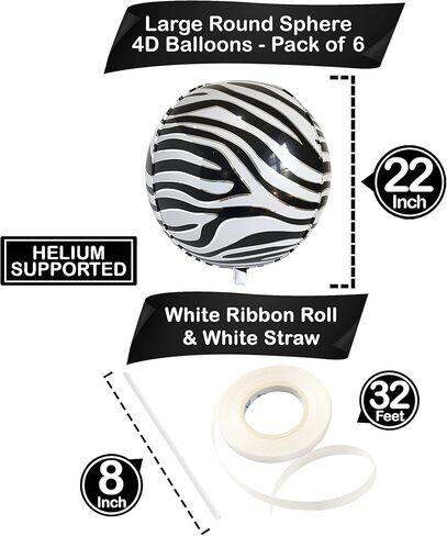 البالونات الكبيرة 22 بوصة حمار وحشي - حزمة 6 | Zebra طباعة بالونات الحيوانات للزخارف الحزبية بالأبيض والأسود in Kuwait