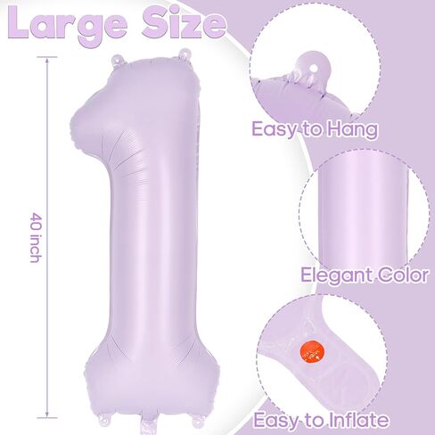 Light Purple Number 1 Balloon, 40 Inch Big Large Foil Helium Number Balloons, Giant Mylar 1 Balloon for 1st First Pastel Purple Birthday Party Decorations Supplies Anniversary in Kuwait
