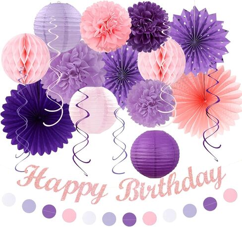 Purple Lilac-Lavender Pink Women Birthday Party-Decorations - 21pcs Happy Banner,Paper Lanterns Honeycomb,Tissue Pom Poms Flower Fan,Classroom Hanging Streamers Garland,Girls Decor Supplies Huglony in Saudi Arabia
