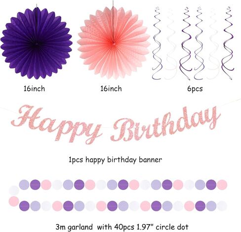Purple Lilac-Lavender Pink Women Birthday Party-Decorations - 21pcs Happy Banner,Paper Lanterns Honeycomb,Tissue Pom Poms Flower Fan,Classroom Hanging Streamers Garland,Girls Decor Supplies Huglony in Saudi Arabia