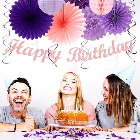 Purple Lilac-Lavender Pink Women Birthday Party-Decorations - 21pcs Happy Banner,Paper Lanterns Honeycomb,Tissue Pom Poms Flower Fan,Classroom Hanging Streamers Garland,Girls Decor Supplies Huglony in Saudi Arabia