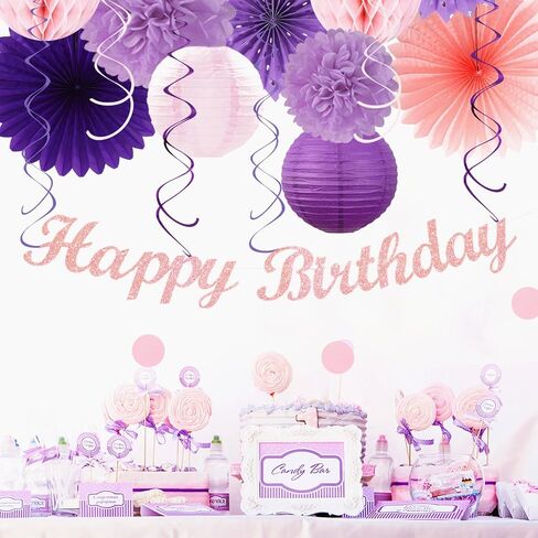 Purple Lilac-Lavender Pink Women Birthday Party-Decorations - 21pcs Happy Banner,Paper Lanterns Honeycomb,Tissue Pom Poms Flower Fan,Classroom Hanging Streamers Garland,Girls Decor Supplies Huglony in Saudi Arabia