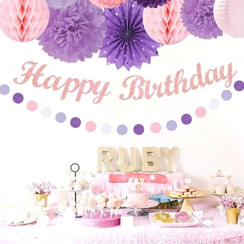 Purple Lilac-Lavender Pink Women Birthday Party-Decorations - 21pcs Happy Banner,Paper Lanterns Honeycomb,Tissue Pom Poms Flower Fan,Classroom Hanging Streamers Garland,Girls Decor Supplies Huglony in Saudi Arabia
