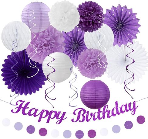 Purple Lilac-Lavender White Women Birthday Party-Decorations - 21pcs Happy Banner,Paper Lanterns,Tissue Pom Poms Flower Fan,Honeycomb Ball,Hanging Streamers Garland, Girls Decor Supplies Huglony in Saudi Arabia