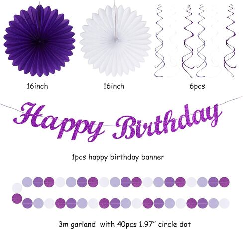 Purple Lilac-Lavender White Women Birthday Party-Decorations - 21pcs Happy Banner,Paper Lanterns,Tissue Pom Poms Flower Fan,Honeycomb Ball,Hanging Streamers Garland, Girls Decor Supplies Huglony in Saudi Arabia