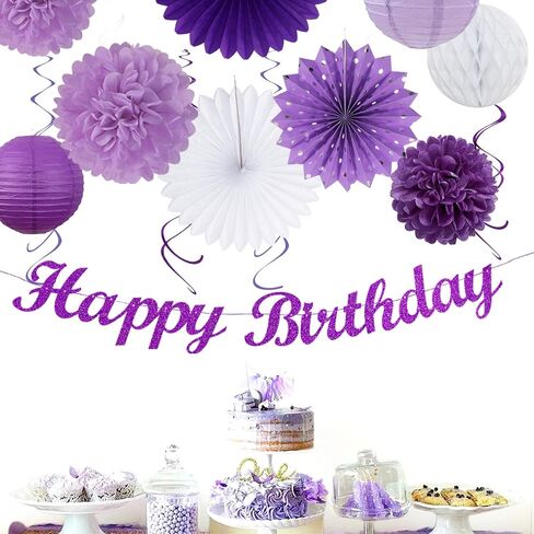 Purple Lilac-Lavender White Women Birthday Party-Decorations - 21pcs Happy Banner,Paper Lanterns,Tissue Pom Poms Flower Fan,Honeycomb Ball,Hanging Streamers Garland, Girls Decor Supplies Huglony in Saudi Arabia
