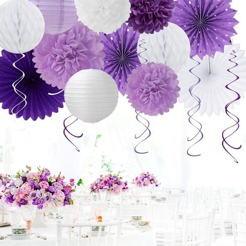 Purple Lilac-Lavender White Women Birthday Party-Decorations - 21pcs Happy Banner,Paper Lanterns,Tissue Pom Poms Flower Fan,Honeycomb Ball,Hanging Streamers Garland, Girls Decor Supplies Huglony in Saudi Arabia