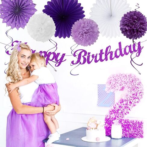 Purple Lilac-Lavender White Women Birthday Party-Decorations - 21pcs Happy Banner,Paper Lanterns,Tissue Pom Poms Flower Fan,Honeycomb Ball,Hanging Streamers Garland, Girls Decor Supplies Huglony in Saudi Arabia