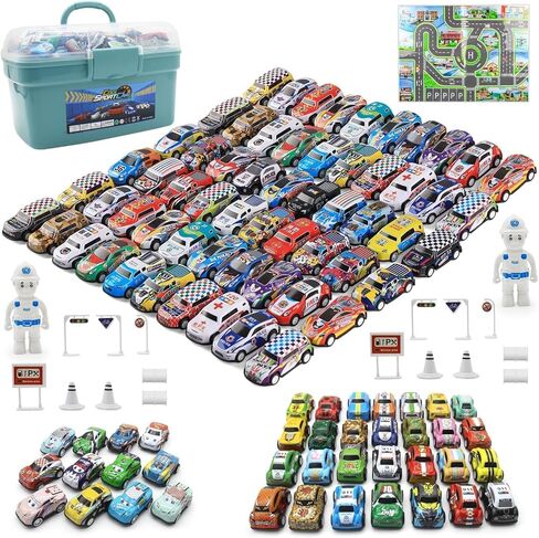 Mostop 100 PCS Mini Pull Back Car Set, Pull Back Racing Vehicles for Kids Toddlers, Kids Party Favors Car Pack Toy with Storage Box and Map, Bulk Small Vehicles, Push and Go Racing Cars for Kids in Saudi Arabia