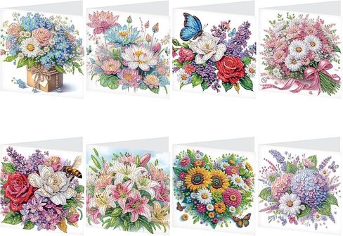 8 Packs Diamond Art Painting Greeting Card Kit Diamond Art Greeting Cards Special Shaped Diamond Painting Greeting Card Arts Crafts for Christmas Birthday Thanksgiving Day Holiday (Flowers 30x15cm) in Saudi Arabia