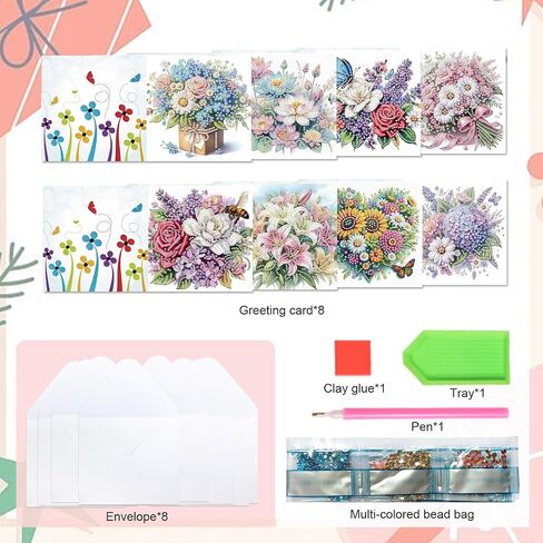 8 Packs Diamond Art Painting Greeting Card Kit Diamond Art Greeting Cards Special Shaped Diamond Painting Greeting Card Arts Crafts for Christmas Birthday Thanksgiving Day Holiday (Flowers 30x15cm) in Saudi Arabia