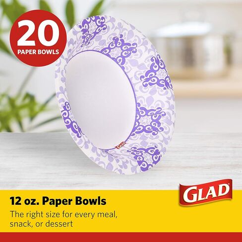 Glad Paper Bowls With Purple Victorian Design, 20Count | Disposable Paper Bowls for Parties & Picnics In Victorian Print | Microwave Safe Disposable Purple & White Bowls in Saudi Arabia
