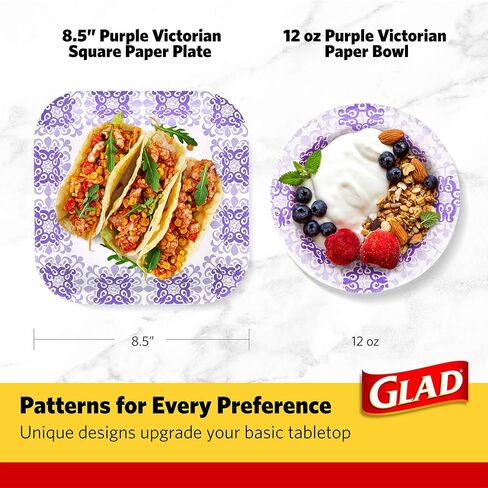 Glad Paper Bowls With Purple Victorian Design, 20Count | Disposable Paper Bowls for Parties & Picnics In Victorian Print | Microwave Safe Disposable Purple & White Bowls in Saudi Arabia