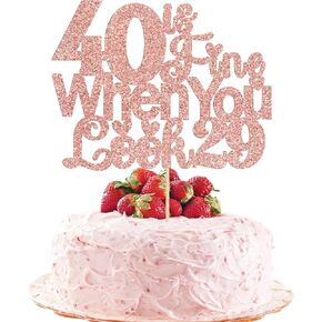 Gyufise 1Pcs 40 is Fine When You Look 29 Cake Topper Glitter Funny 40th Birthday Cake Topper 40 and Fabulous Happy 40th Birthday Party Decorations Supplies Gold