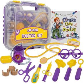 Li'l-Gen Doctor Kit for Kids, 13 Piece Kit with Toy Stethoscope Plus Case - Pretend Play for Boys and Girls Age 3+ - Includes Oliver's Day as a Doctor Book