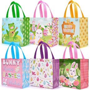 JOYIN 6 Pcs Easter Non-woven Tote Bags with Handle, Happy Easter Egg Bunny Frog Chick & Egg Gift Treat Bags for Gifts Wrapping, Kids Party Supplies & Hunt Game