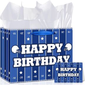 Football Birthday Gift Bag Cowboys Football Party Decorations Large Blue Football Gift Bag with Birthday Wrapping Paper and Greeting Card for Kids Boys Teen Men Team Football Sport Party Favors