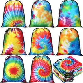 Cunno 24 Pcs 7x5 Inch Tie Dye Party Drawstring Bags Reusable Polyester Colorful Rainbow Treat Bags Camo Candy Bags Tropical Themed Bags for Tie Dye Dancing Birthday Party Candy Goodie
