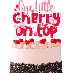 Cherry and Bow Baby Shower Cake Topper, Fruit Theme Our Little Cherry on Top 1st Birthday Cake Pick Decoration Party Supplies