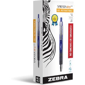 Zebra Pen Sarasa Dry X30 Retractable Gel Pen, Medium Point, 0.7mm, Blue Ink, 12-Pack
