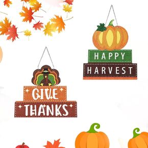 2 Pcs Fall Thanksgiving Diamond Art Painting Hanging Sign Autumn Pumpkin Leaf Turkey Diamond Door Signs 5d DIY Diamond Wall Decor for Fall Wall Door Window Decor