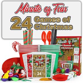 Funwares Minute of Fun, 24 Days of Christmas - 24 Fun Christmas-Themed Minute to Win It Games & Challenges for Kids, Adults, Teens, and Families - All Contents to Play are Included, 2-12 Players!