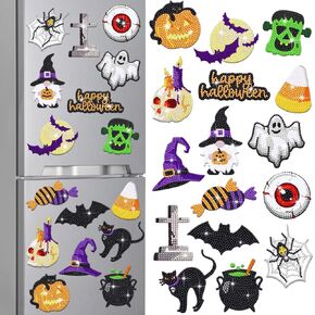 16 Pcs Halloween Diamond Painting Magnets for Refrigerator Gnome Ghost Bat Cat Diamond Art Magnets Decals DIY Halloween Diamond Painting Kits Diamond Art for Adults Kids Crafts Home Decor Gift