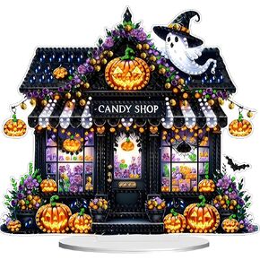 JJFox DIY Tabletop Diamond Art Painting Kit，7.77x7inch Special Shaped Rhinestone Desk Placement Ornament，Home Stand Up Gem Painting Craft Kit(Halloween Candy Shop)