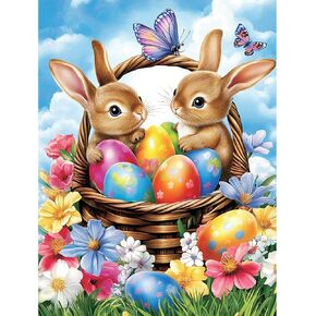 MISCER Easter Diamond Art Kits for Adults, Easter Bunny Diamond Painting Kits for Beginners, 5D Full Drill Round Paint with Diamonds Pictures, Gem Art Painting DIY Crafts Kit Decor 12x16inch