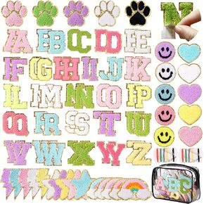 82 Pcs Self-Adhesive Chenille Letter Patches, Preppy Lightning Stickers,A-Z Alphabet Applique Patches,Cute Animal Footprint Rainbow Smile Face Love Heart for Clothes,Hats,Bags,Phones (Multicolor)