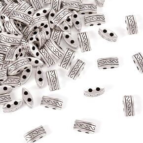 Pandahall 100pcs Tibetan Style Antique Silver 2-Hole Alloy Bead Rectangle Spacer Bars 5x10x4mm Multi Strand Link Connectors Separator for Jewelry Making Hole: 1.5mm