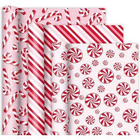 JarThenaAMCS Christmas Wrapping Paper - Mini Roll - 17 Inch x 16.4 Ft Candy Cane Stripe Gift Wrap Paper Red Pink Decorative Art Paper for Xmas DIY Crafts, 3 Rolls