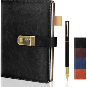 Diary with Lock for Men and Women, A5 Vintage Leather Journal with Lock for Boy and Girl, 200 Pages Refillable Lined Password Notebook with Pen for Personal Daily Writing Travel （Navy Blue）