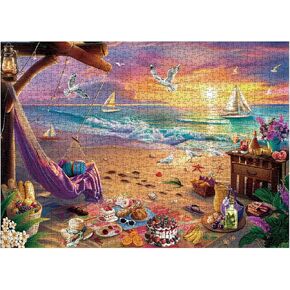 Beach Sunset Puzzles for Adults 1000 Pieces, Colorful Ocean Summer Hawaii Jigsaw Puzzles, Bird Holiday Beautiful Sailboat Scenic Seashell Puzzle