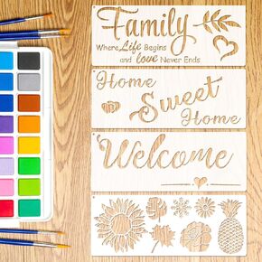 Welcome Stencils for Painting on Wood Large Welcome Stencil Templates Reusable Family Doormat Stencils Plastic Welcome Sign Paint Templates for Drawing Fabric Wall Wood Home Sign Project, 4 Pcs