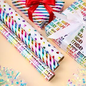 Jolanepaly Heart Wrapping Paper Roll - Mini Roll - 3 Rolls - 17 inch x 120 inch Per roll - Colorful Foil Birthday Wrapping Paper for Valentine's Day, Kids Girls Birthday, Baby Shower