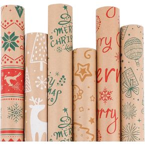 KIMOBER 6 Rolls Christmas Wrapping Paper,Brown Kraft Paper with Colorful Xmas Elements and Cut Lines on Reverse(17in × 118in Per Roll,Colorful Style)