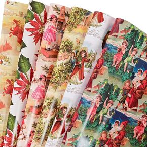 Dtiafu Vintage Christmas Rapping Paper Retro Xmas Gift Paper - 12 ورقة 6 ورقة تلوين ورقة مع Santa Tree Angel Patterns for Women Men Boys Girls - 20 × 28 بوصة لكل ورقة